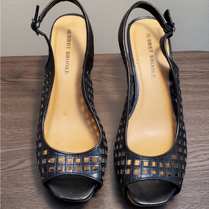 AUDREY BROOKE Cork Black Wedges Sz 9.5